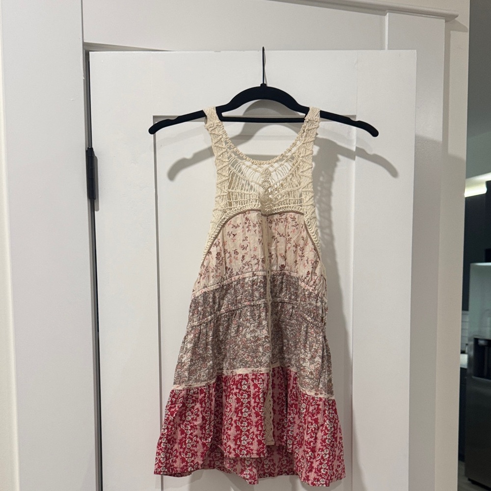 Free People Crochet Halter Tiered Sundress in Cream, Taupe & Red